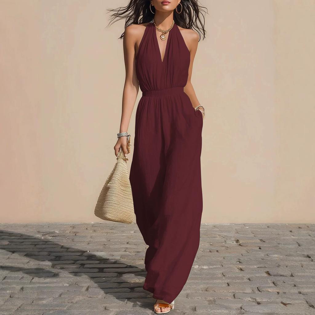 Women Halter Neck Sleeveless Wide Leg Jumpsuit Solid Color Casual Loose Fit Playsuit