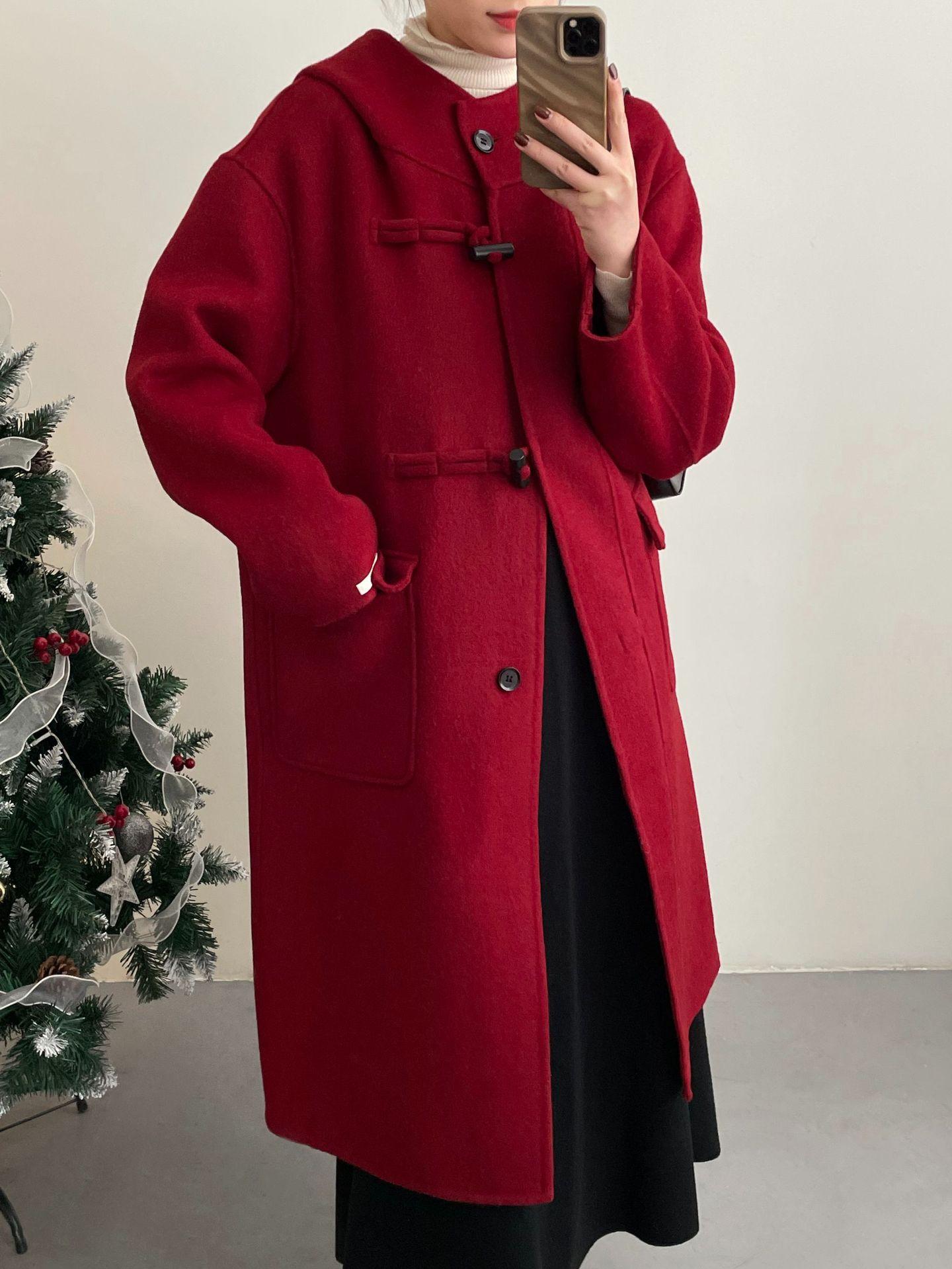 [Welfare payment, non-refundable] Red double-sided cashmere coat women s hooded horn buckle jacket 3507 S