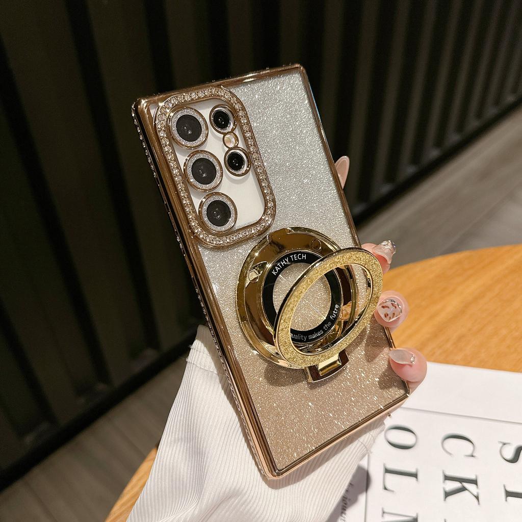 Applicable To Samsung S25Ultra Mobile Phone Case Gradual Change Glitter Magnetic Suction Bracket A16 Electroplated Rhinestone S23 Protective Case 22