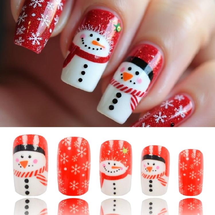 Medium Square False Nail Christmas Acrylic Nail Snowman Full Cover Stick On Nail White Snowflake Press On Nail