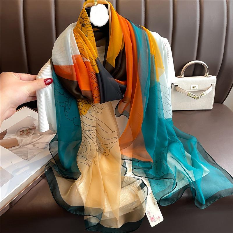 Flower Color Matching Scarf Women's Large Size Fashion Simulation Silk Commuting Sunscreen Light Luxury Silk Scarf Large Shawl Soft Yarn Scarf