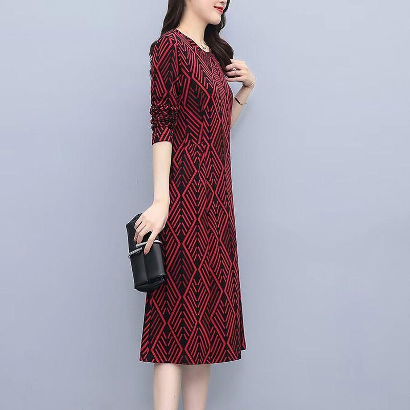 Vintage Fashion Geometric Printed Long Sleeve Dresses for Women Spring Autumn Ladies Round Neck Slim Midi Dress Elegante Vestido