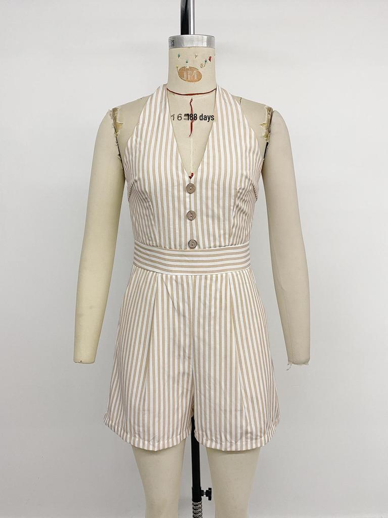 2026 Spring/Summer Striped Sleeveless Halter Jumpsuit - European and American Style, Backless, Casual, Short