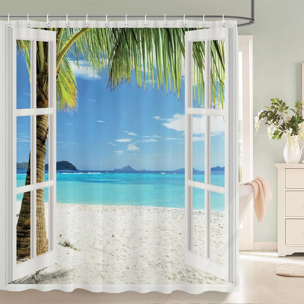 3d Beach Scenery Shower Curtains Sea Ocean Mediterranean Bathroom Curtain Waterproof Cloth Decoration 180*240cm Bath Curtain