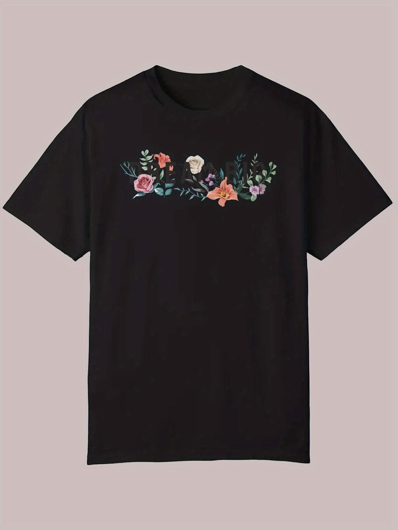 

Summer Casual Short Sleeve T-shirt - Black Floral Print Round Neck S