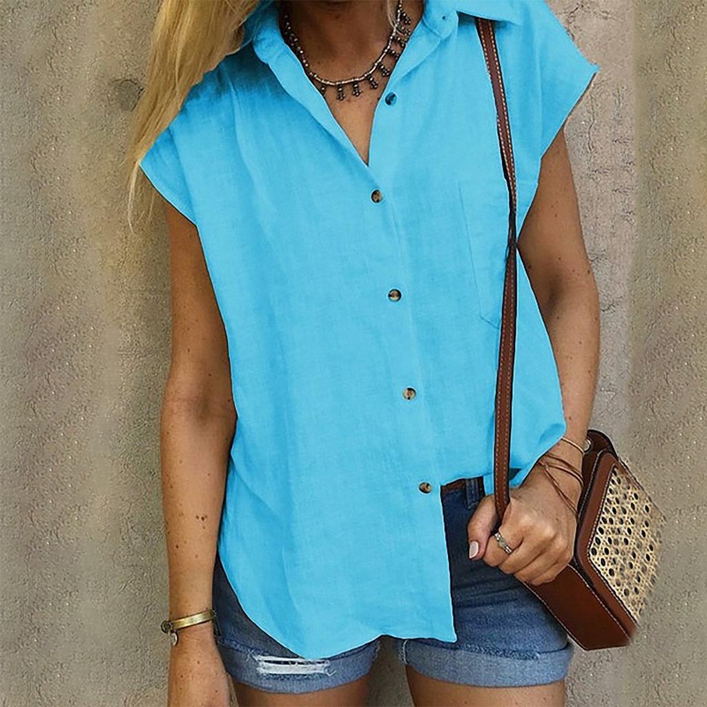 Women's Casual Loose Color Cotton Linen Lapel Short Sleeve Cardigan Tops