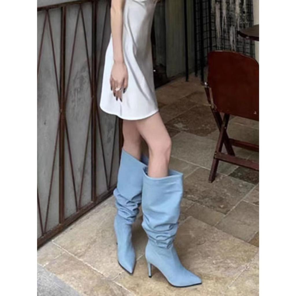 Na podzim a v zimě 2025 nové dámské špičaté boty na vysokém podpatku, vysoké boty na tenkém podpatku, široká holeň a velký obvod holeně, denim sta
