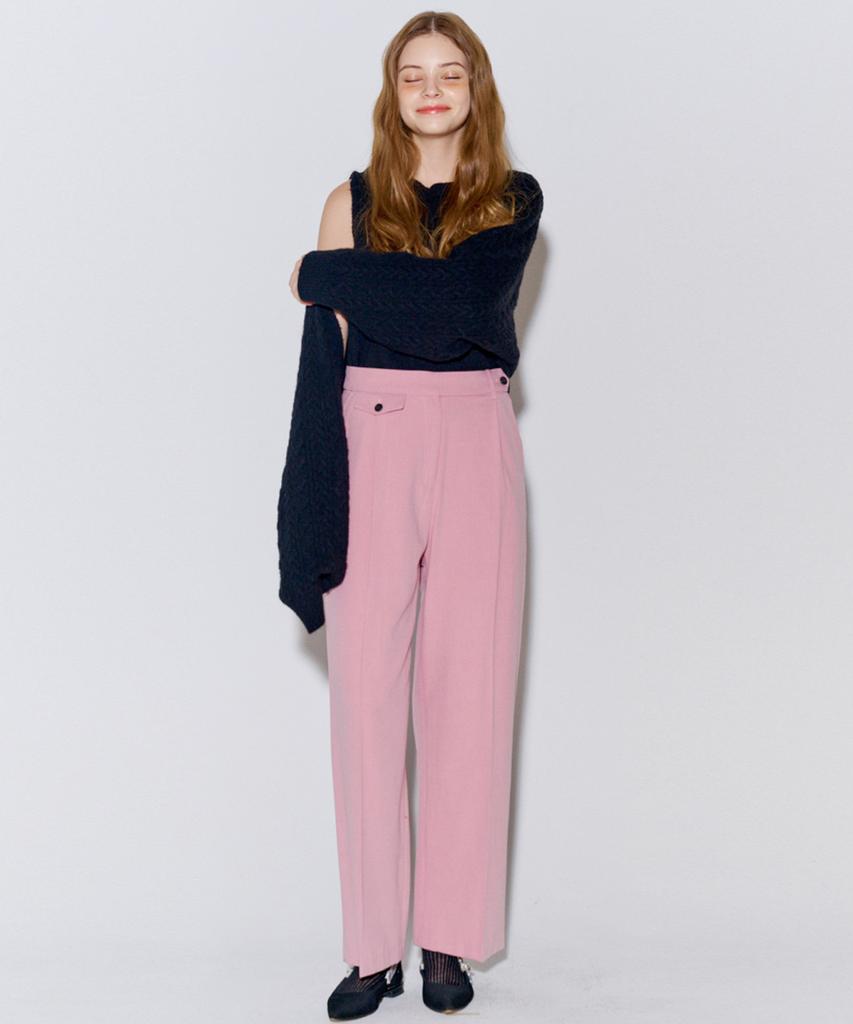 OPENING SUNSHINE Button Point Wool Pintuck Wide Slacks Pink