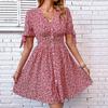 Sommer Damen V-Ausschnitt Bedrucktes Kurzes Geschlitztes Kleid Damen