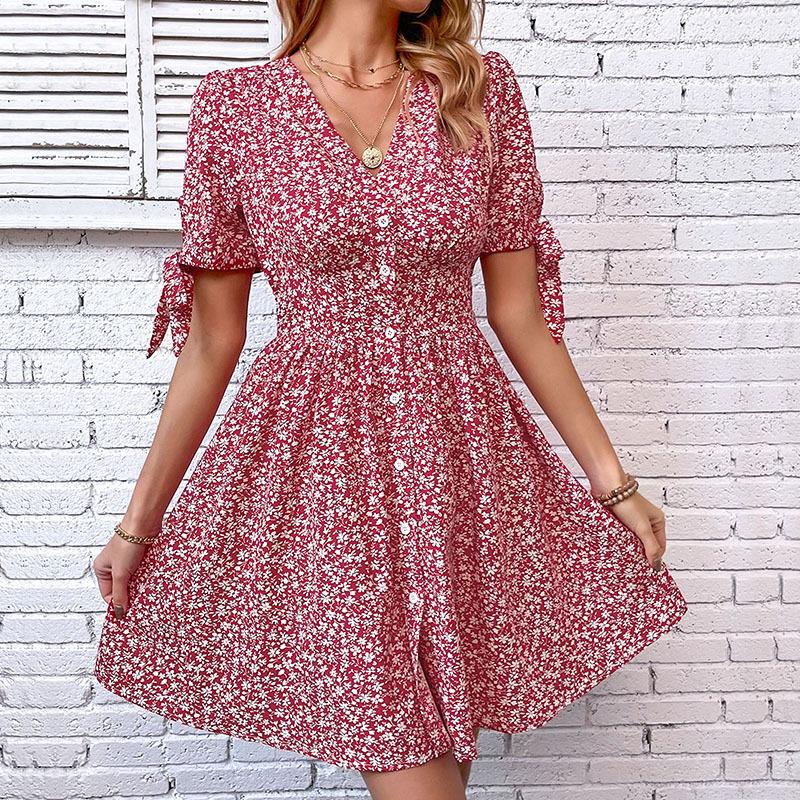 Sommer Damen V-Ausschnitt Bedrucktes Kurzes Geschlitztes Kleid Damen