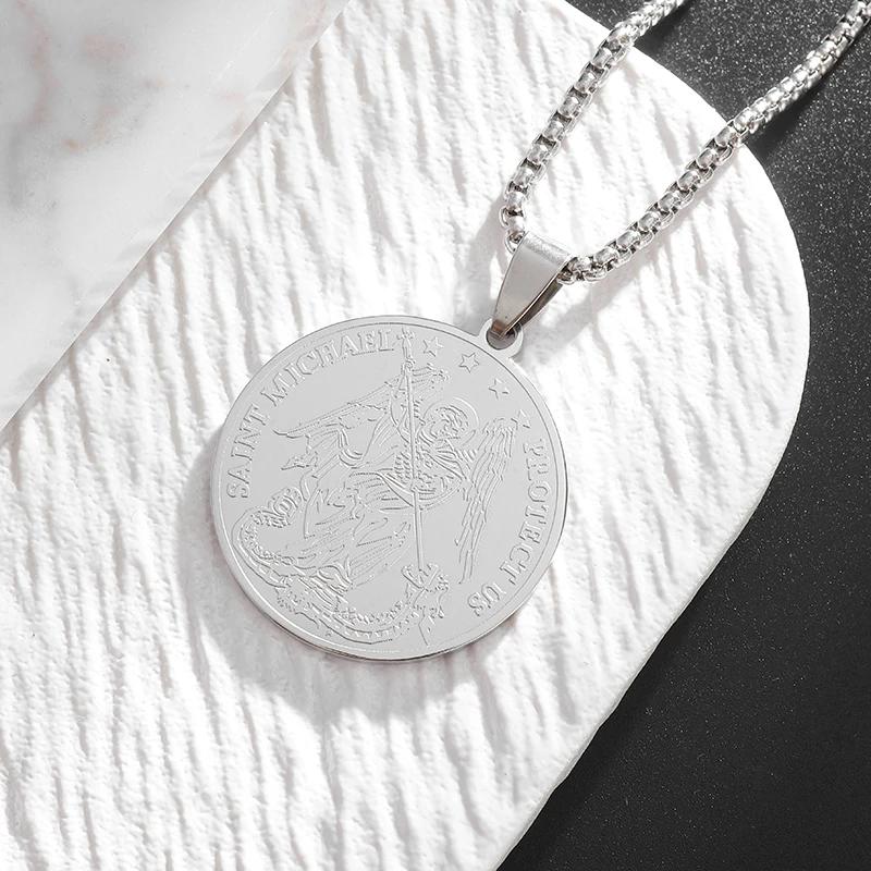 Archangel Saint Michael Round Medal Pendant Mythical Charm Men s Amulet Necklace