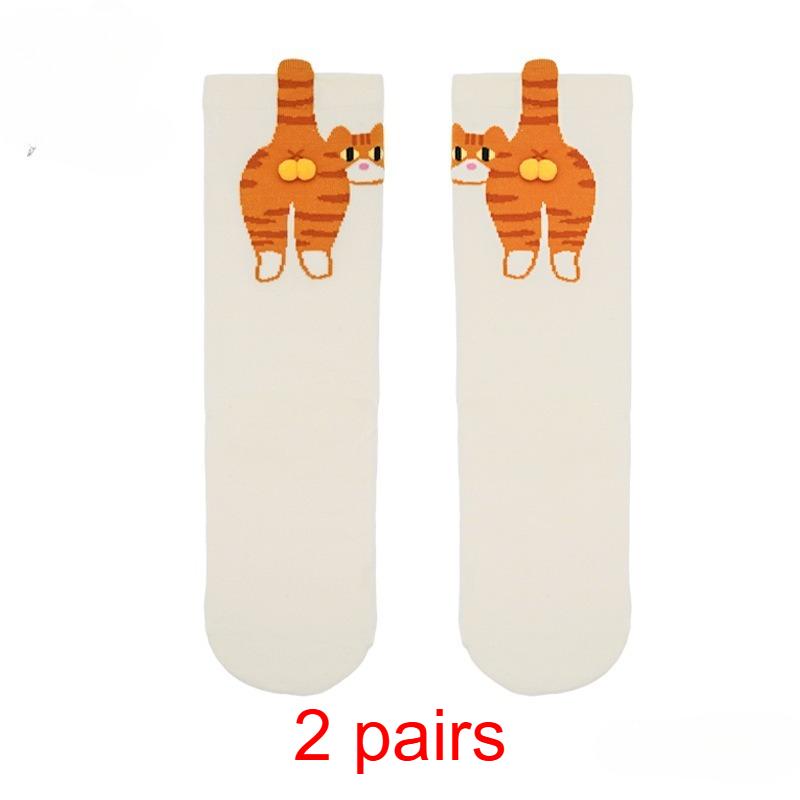 2 Pairs Cartoon Cute Cat Balls Cotton Socks Kawaii Lolita Knitting Socks Women Girls Middle Tube Sleep Sock Cat Print Floor Sock