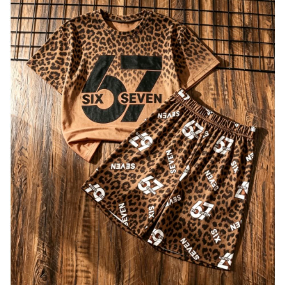 Fashion Kids Set Leopard 67 Number Printed Kids T-shirt and Shorts 2 Piece Set Summer Casual Outdoor Street Boy's and Girl's T-shirt Sets