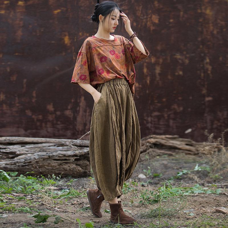 

Женские 32-панельные лоскутные брюки из рами, хлопка и льна - Потертые повседневные укороченные для весны/лета One Size