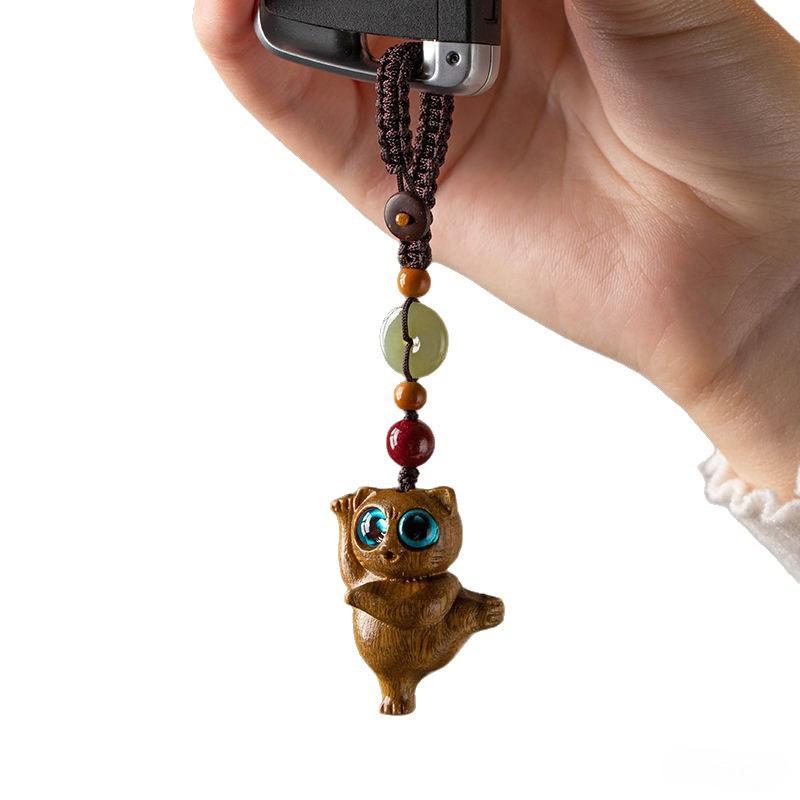 Sandalwood Cat Keychain with Handmade Lanyard and USB Drive