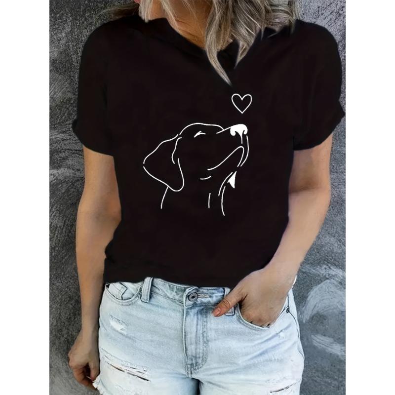 

Dog Print Round Neck Sports T-shirt Short Sleeve Running Casual Tops Women s Activewear aesthetic clothes L