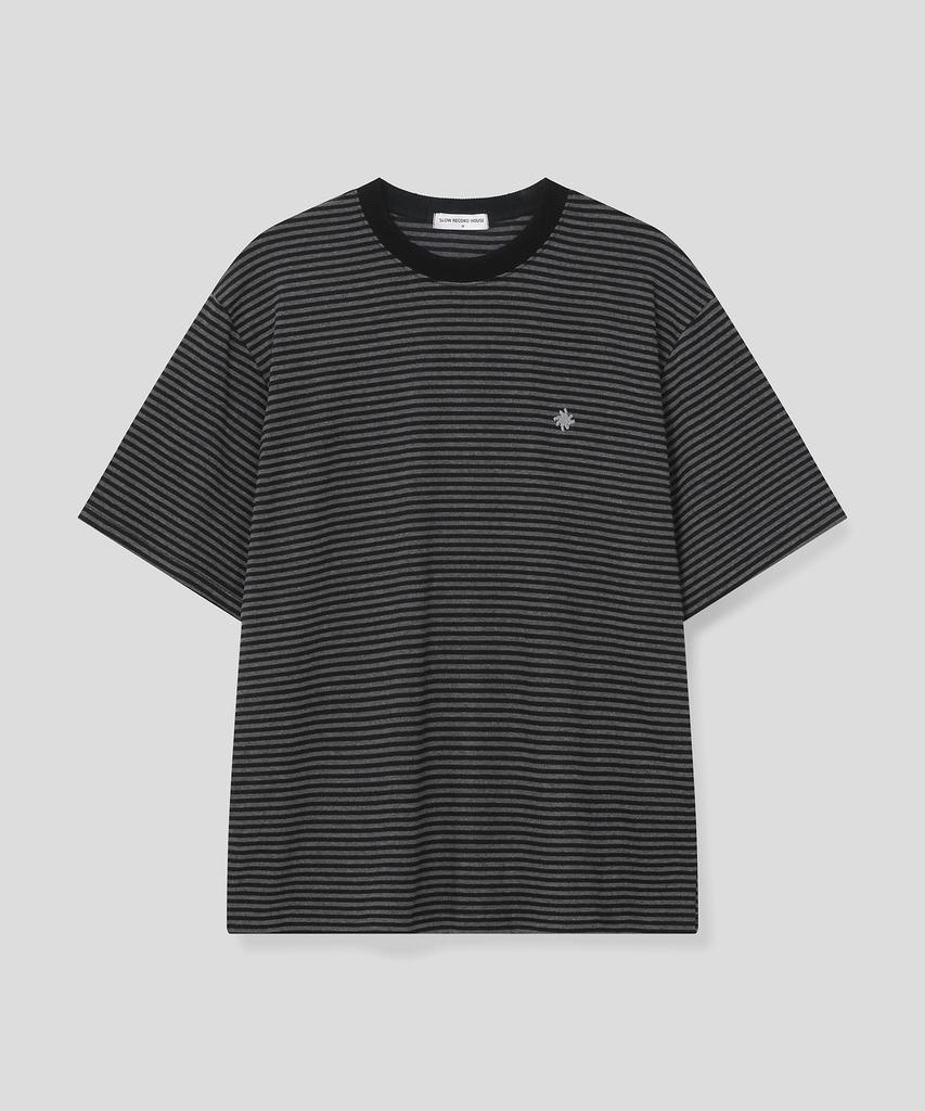 SLOW RECORD HOUSE Striped Short Sleeve T-Shirt_Black