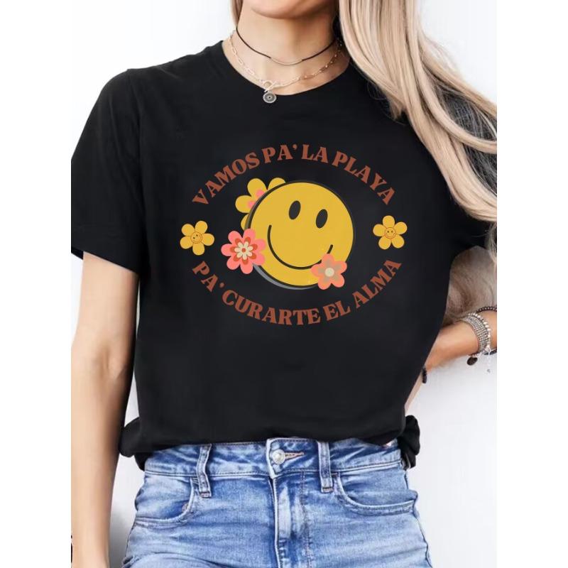 Women's Spanish Alphabet - Print T-Shirt - Spanish Language Learning, Casual Short Sleeve Round Neck Blouse for Spanish Class & Casual Attire