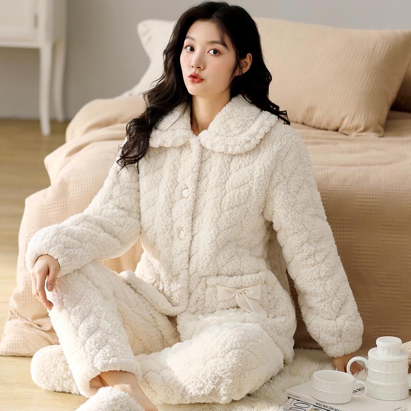 Coral Velvet Quilted Pajamas Women's Winter Three Layer Thick and Fleece Home Wear Women's Winter Flannel Thermal Set