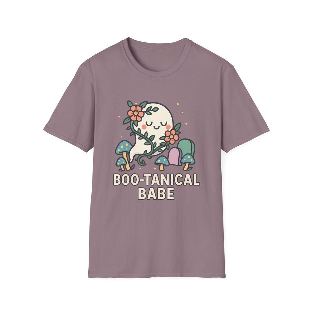 

Unisex Softstyle T-Shirt Boo-tanical Babe Ghost Flowers Mushrooms Halloween Tee L