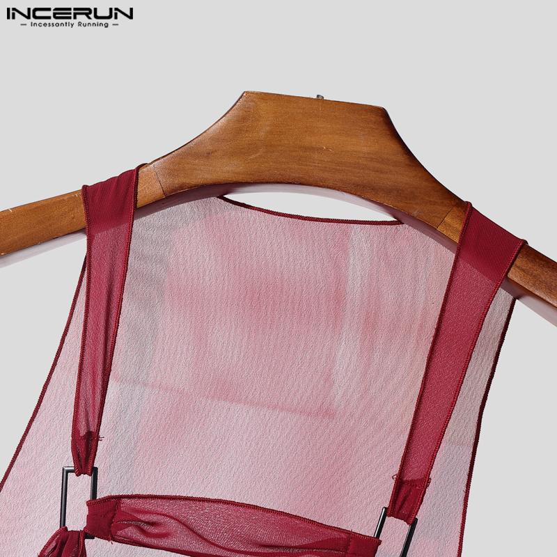 INCERUN Ανδρικά Αμάνικα Διάφανα Διχτυωτά Τοπ Τανκ με Λουράκια και Κολάρο Ζιβάγκο για Πάρτι και Κλαμπ