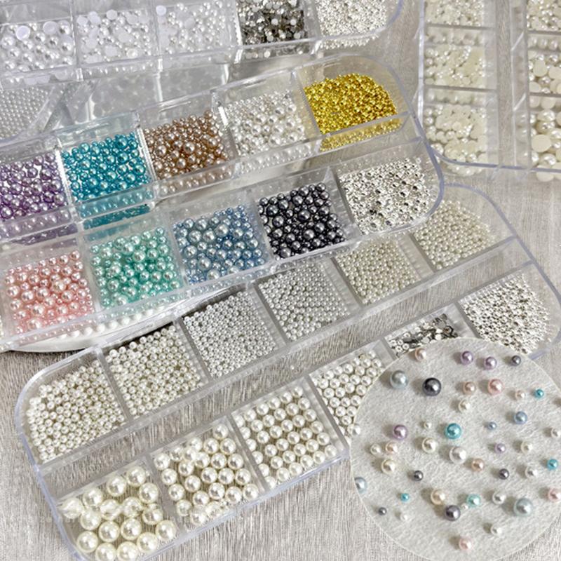12 przegródek/pudełko okrągłe kolorowe perły koraliki do paznokci ozdoby do paznokci koraliki kawiorowe klejnoty do paznokci półokrągłe perły klejnoty DIY dekoracja paznokci