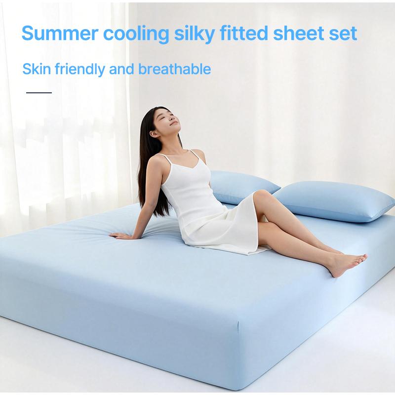 Cool Touch Ice Silk Fitted Sheet Summer Cooling Mattress Protector Cover Non-slip Bed Sheet For Hot Sleepers & Night Sweats