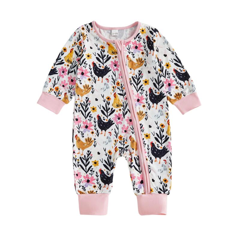 Autumn Baby Boy Girl Romper Camouflage Rooster Floral Print Long Sleeve Zip-up Jumpsuit Cute Infant Toddler Fall Clothes