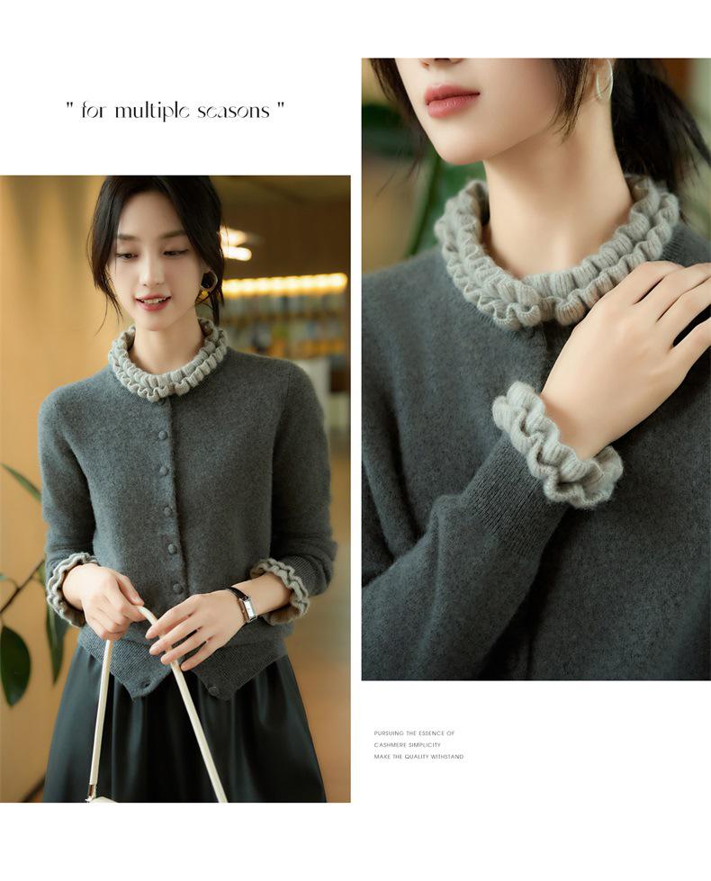 Women's Pure Wool Lace Ruffle Collar Knit Cardigan with Color Block Design