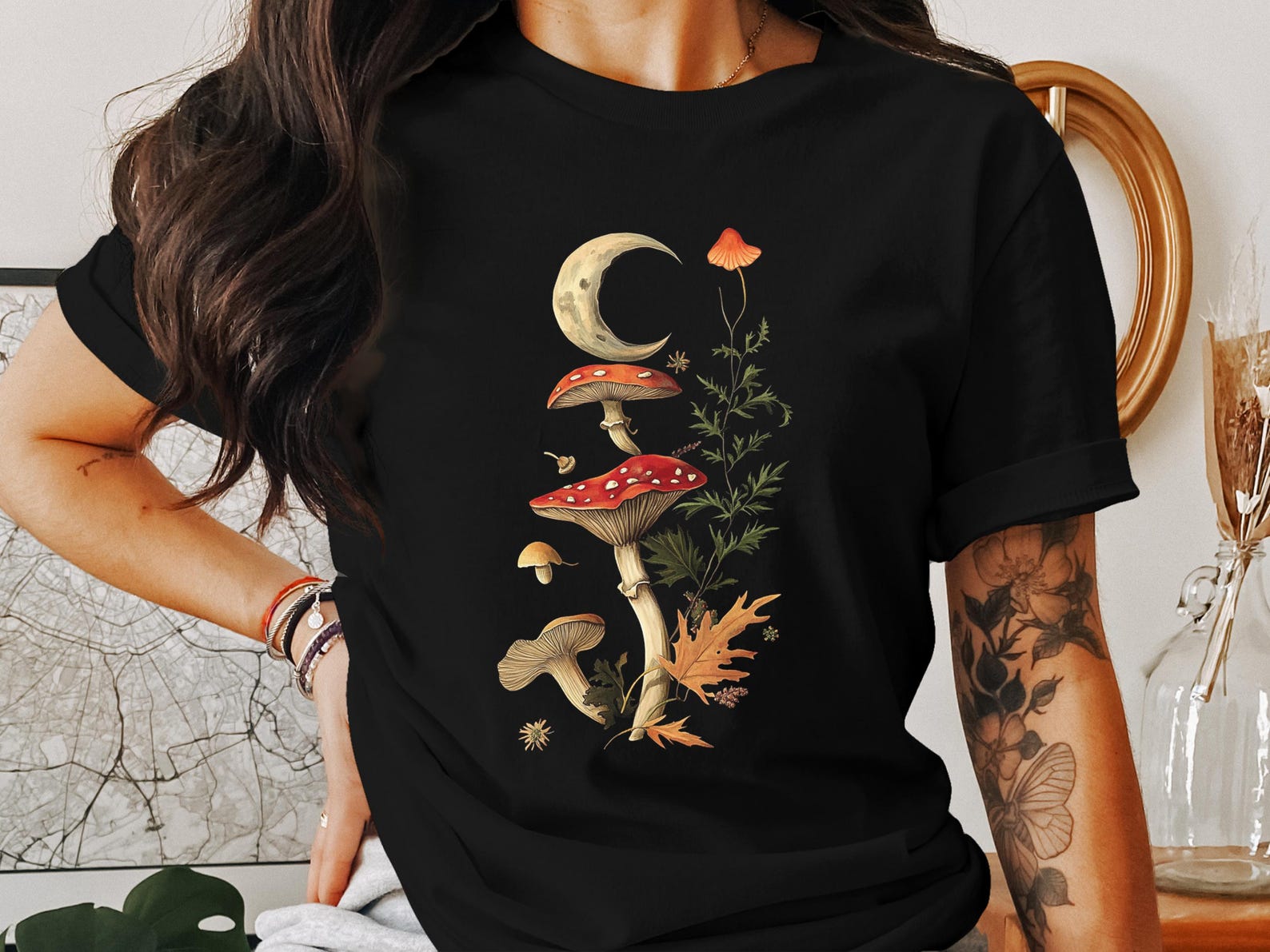 Vintage Mushroom Crescent Moon Cottagecore T-Shirt, Woodland Fungi Art Tee, Nature Inspired Graphic Tee, Whimsical Fairycore Shirt XL