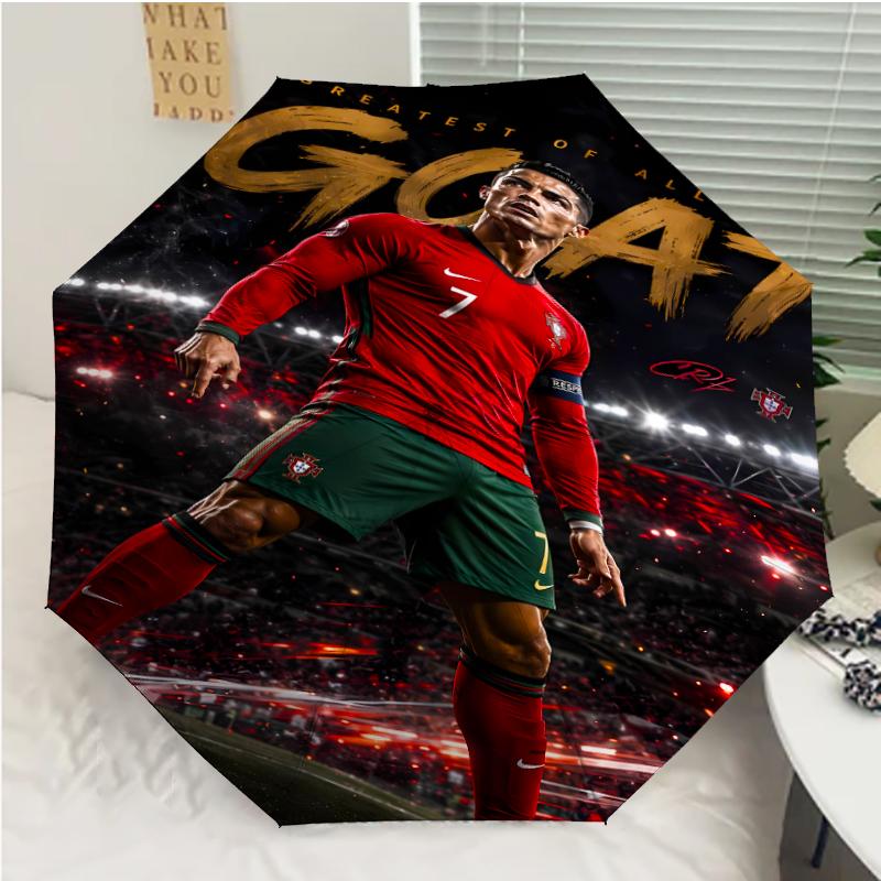 Cristiano Ronaldo Print Automatic Umbrella, 8 Rib Iron Frame, Plastic Handle, Suitable for Outdoor Travel &Daily , Ideal Gift