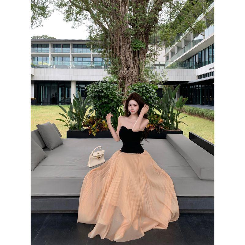 Kumikumi Temperament Sexy Tube Top Sleeveless Vest Women clothes Summer A Word Pleated Skirt Long dress Two-piece Set