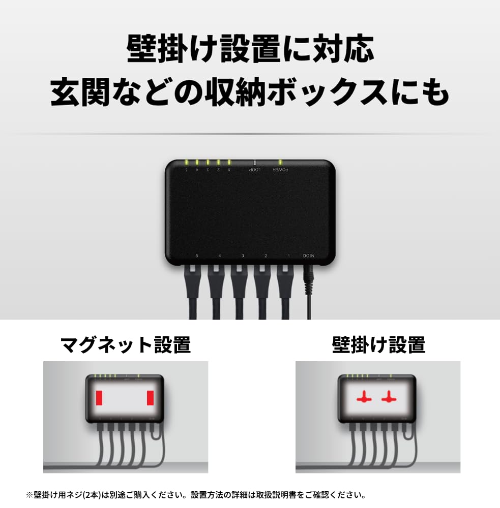 Buffalo Gigabit Switching Hub with Plastic Magnet Wall External Power Loop Black 5-Port Housing, Included, Mountable, Supply, Detection,