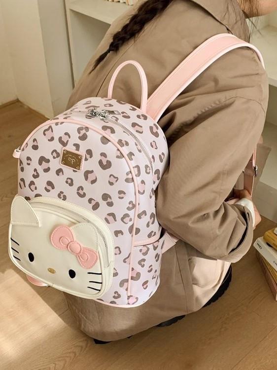 Hello Kitty Cute Leopard Print Pu Backpack With Multiple Compartments For Teens