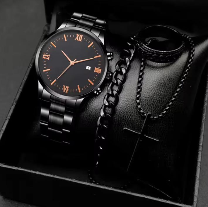 Popular Men'S Black Minimalist Watch Set Trendy Roman Numerals Fashion Quartz Watch Jewelry 4-Piece Set