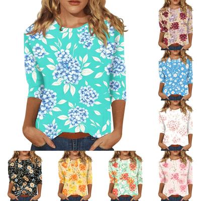 Women’s Casual Three Quarter Sleeve Floral Print Crew Neck Blouse Relaxed Fit Lightweight Top for Everyday Wear