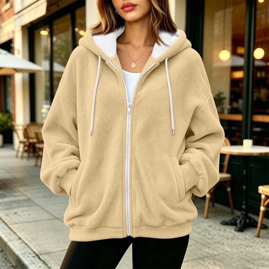 Sweat à capuche zippé pour femme, manches longues, coupe ample, veste décontractée de couleur