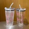 1pc 500ml Pink Bow Plastic Cup Milk Coffee Mug with Straw Transparent Travel Outdoor In Water Drinking Cup Kitchen Water Cups