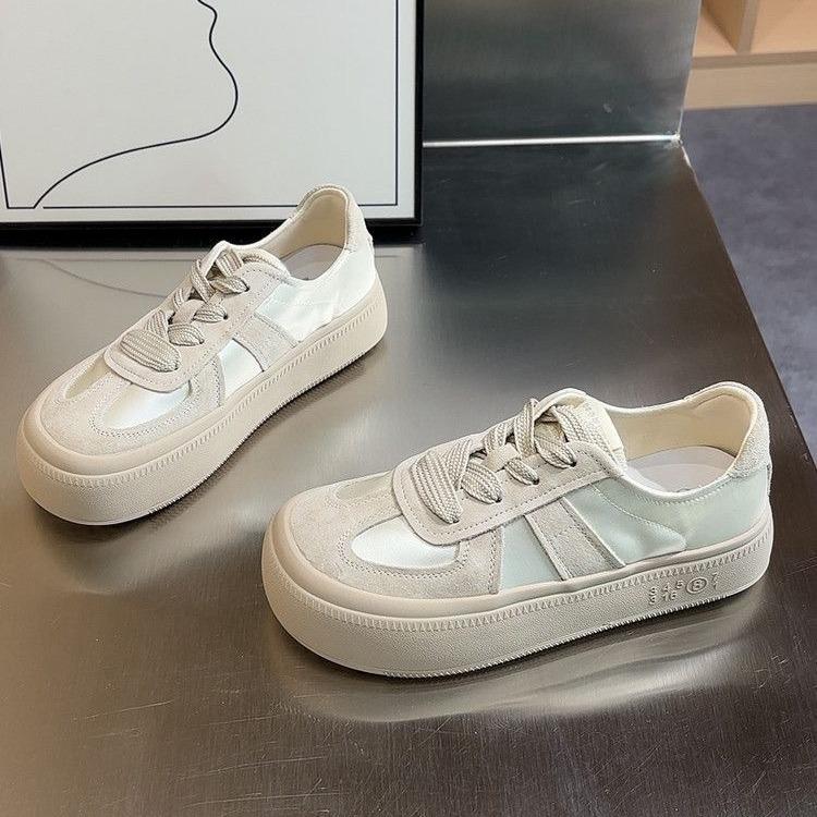 

Толстая подошва из мягкой кожи, атлас, немецкие кроссовки, женская новая универсальная спортивная и досуговая обувь, ретро-туфли на шнуровке, белые туфли 35