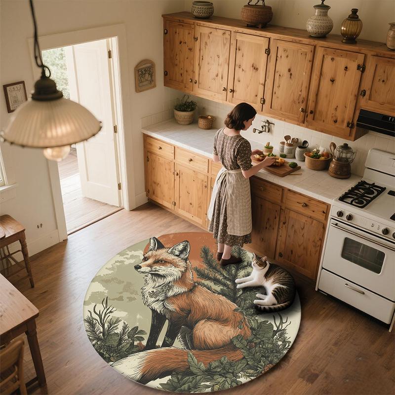 Fox On Tree Branch,Round Area Rug,Carpet Rug for Living Room Bedroom Sofa Playroom Decor,Non-slip Floor Mat
