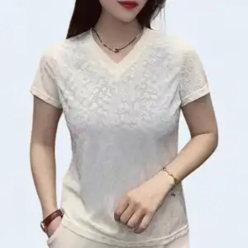 Women's Red V-neck Short Sleeve Blouse Floral Jacquard Casual Top