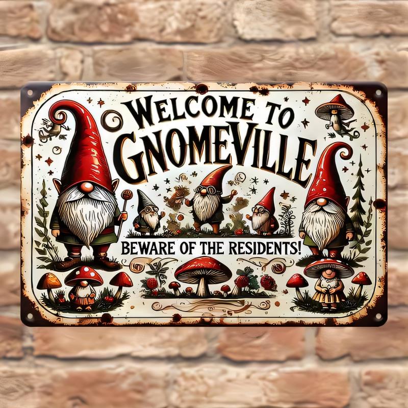 Tin Sign Welcome To Gnomeville Beware Of The Residents Vintage Gnome Garden Wall Decor Retro Metal Plaque for Home Bar Pub Shed