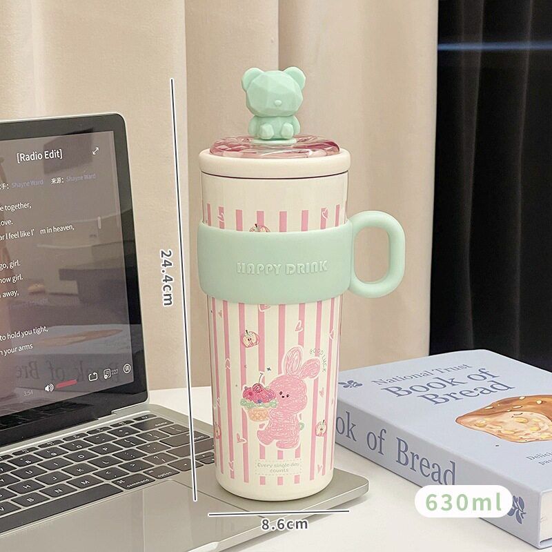 Japanese Imported Cute Rabbit and Bear Large Capacity Thermos Cup, Cold-Keeping Ice Cup, High Aesthetic Value, with Straw, for Girls, Office Use