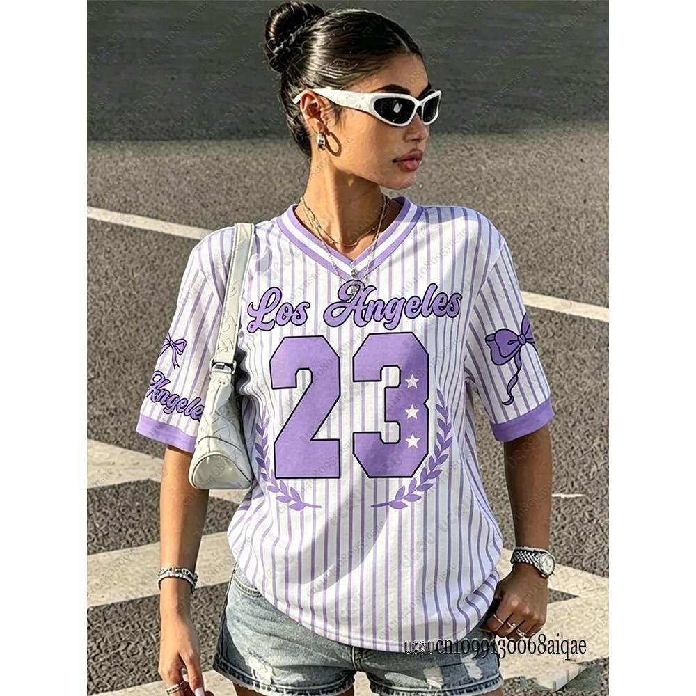 Summer New Los Angeles 23 Print Stripe T-shirt For Women V-Neck Short Sleeve Tees Sports Football Jersey Y2K Loose Oversized Top