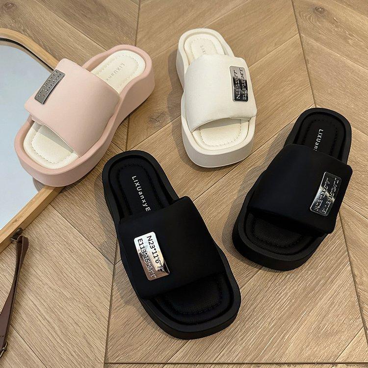 Ziyan~ Pink heightened thick-soled one-word slippers for women's outer wear 2025 summer new high-end non-slip and cool slippers