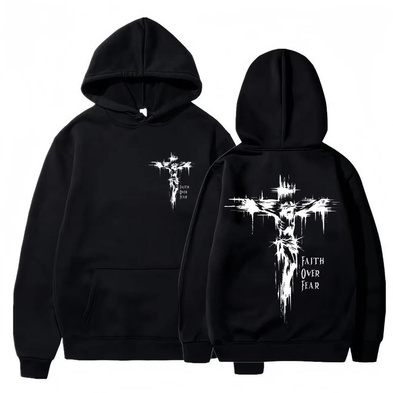 Men's Sweatshirt with Religious Cross Print and Motivational Text Pullover Style Autumn Fashion Casual Hooded Sweatshirt