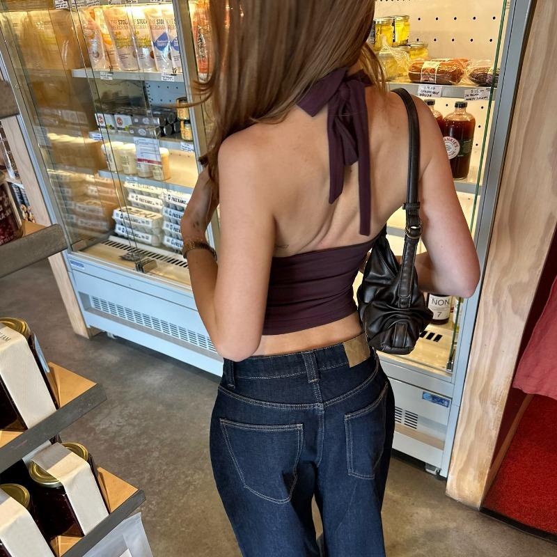 Women Summer Halter Neck Deep V Neck Wrap Front Buckle Tie Sleeveless Slim Fit Crop Tank Top