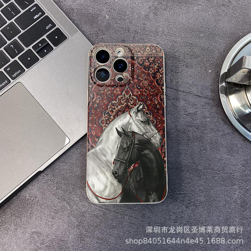 Retro pattern horse suitable for iPhone15 mobile phone case 14PROMAX all-inclusive 13 anti-drop 16/15 protective case 17