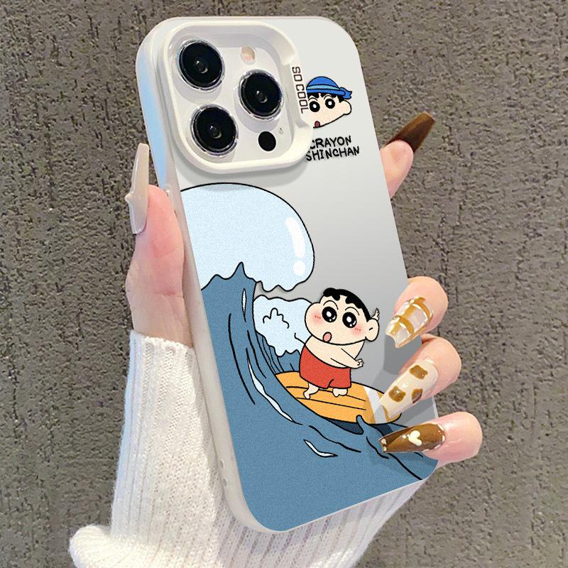 Surfing Shin-chan Silver Drop-proof Phone Case for iPhone 11/12/13/15 Pro/16 - Cute & Trendy Design