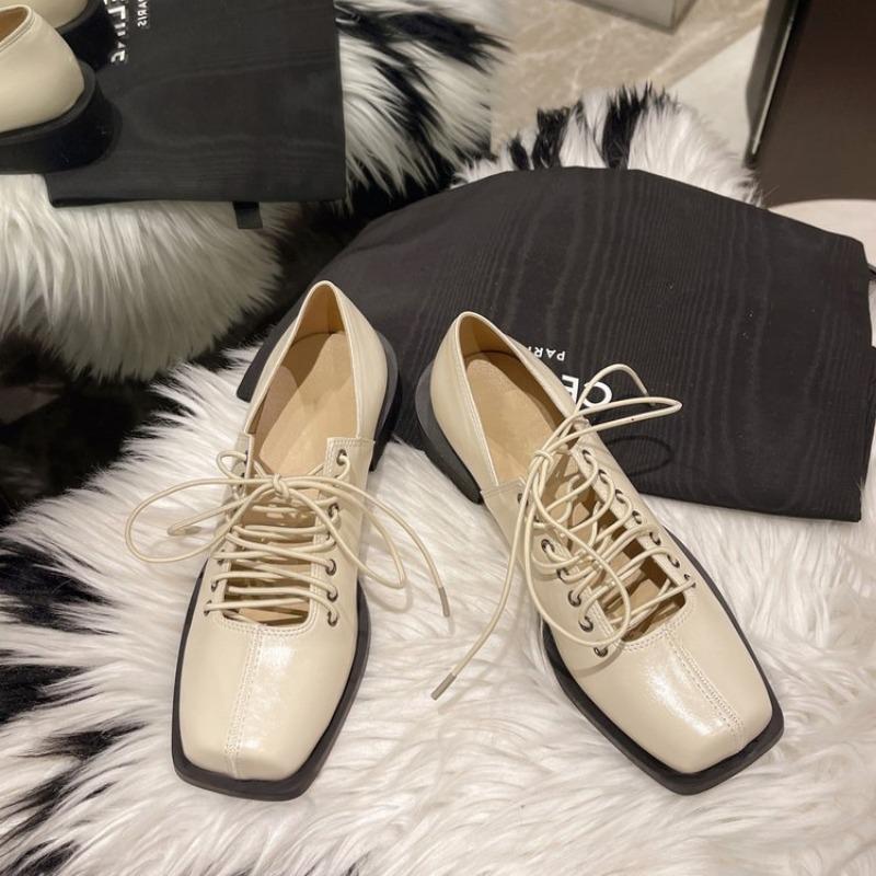 Fashion Fall New Coarse Heel Shoes Women's Fashion Square Head Center Front Lacing Anti-slip Wear-resistant Low-top Shoes